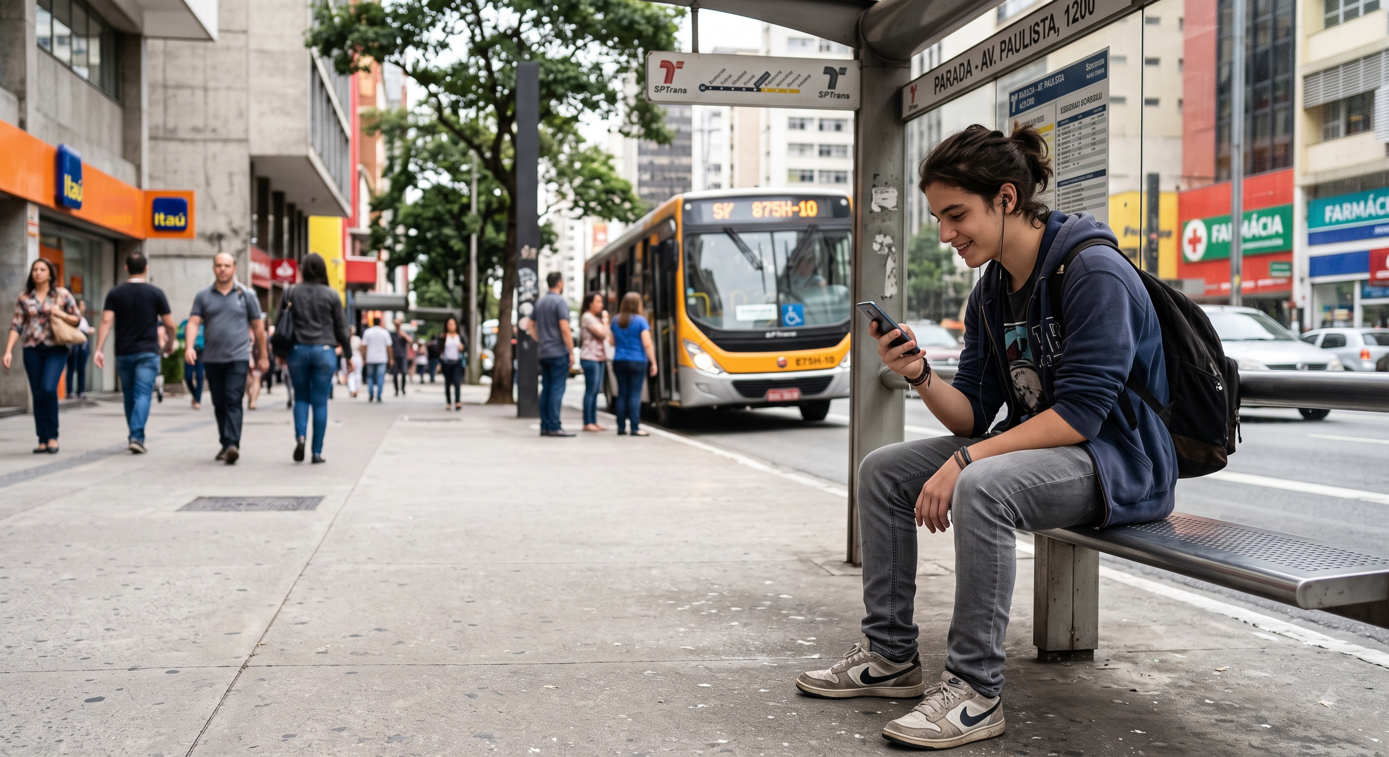Adolescente sentado no ponto de ônibus, olhando o celular enquanto espera o transporte